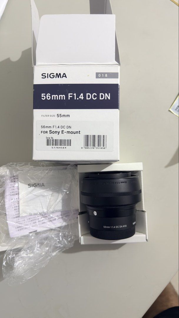 Sigma 56mm F1.4 DC DN for Sony E-mount (Category: Lens & Kits) located in Santa Maria. Submitted by jestonicruz (Listing ID 1470100523, Image 2). Description: - Model: Sigma 56mm F1.4 DC DN Contemporary Lens - Mount: Sony E-mount mirrorless - Condition: Mint, clean body, untouched glass - Features: Ultra-sharp optics, bright F1.4 aperture for stunning bokeh - Filter Size: 55mm - Inclusions: Complete with original box, packaging, and paperwork.