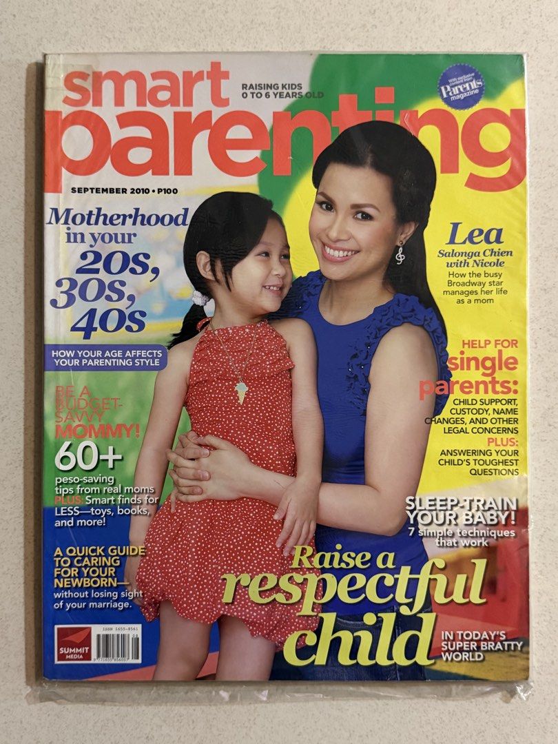 Smart Parenting Magazine September 2010 Lea Salonga (Category: Magazines) located in Pasay City. Submitted by gahaman02 (Listing ID 1470092875, Image 1). Description: Smart Parenting Magazine September 2010 featuring Lea Salonga and her daughter Nicole on the cover. Published by Summit Media, this issue covers motherhood across decades, gentle parenting tips, sleep training, and single parenting guides. Ships fast or available for meet-up..