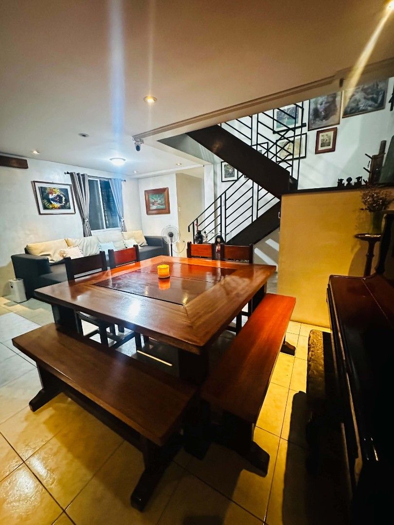 Solid Mahogany 8-Seater Dining Set (Table with 4 Chairs and 2 Benches) (Category: Tables & Sets) located in Quezon City. Submitted by declutterhomefinds (Listing ID 1470018105, Image 1). Description: 💵 Price: ₱42,000 (negotiable) 📝 Description Solid Mahogany 8-10 Seater Dining Set Selling our beautiful, heavy-duty family dining set made from 100% genuine solid Mahogany wood. This is a premium, custom-built piece featuring unique thick grain pat