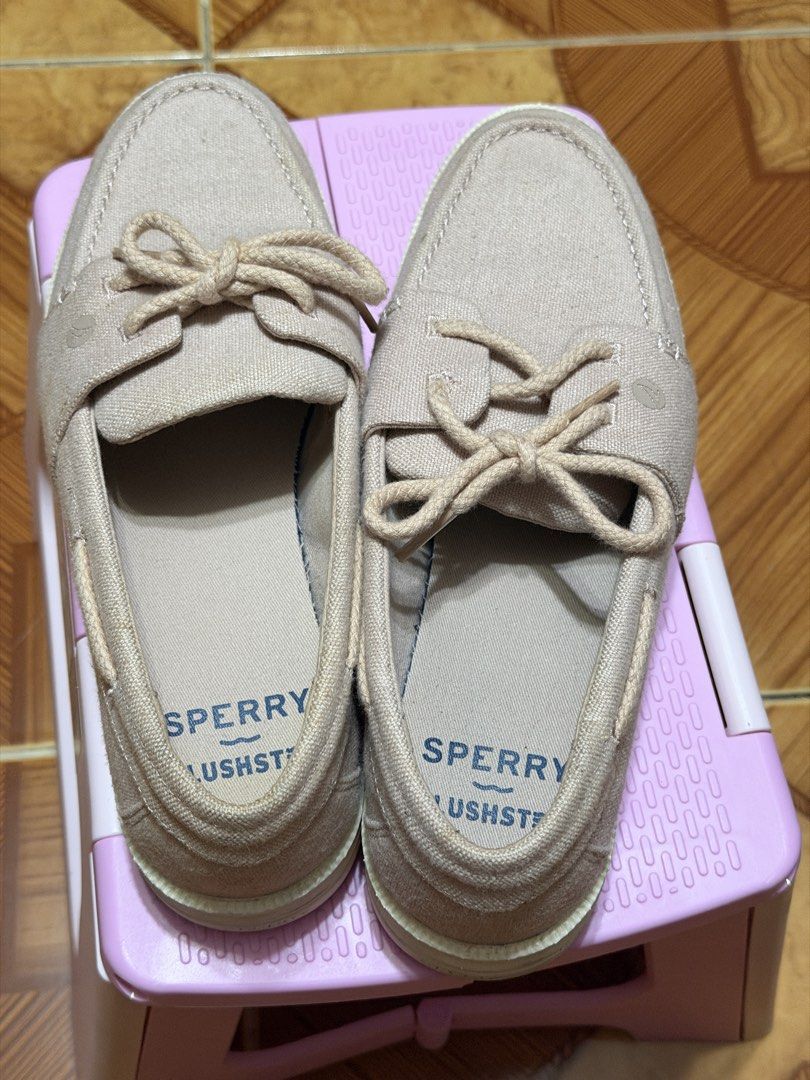 Sperry Cruise Plushstep Slubby Linen Sneaker Rose (Category: Loafers) located in Cainta. Submitted by jeyzi (Listing ID 1470116925, Image 1). Description: - Brand: Sperry - Type: Canvas boat shoes / Slip-on style - Color: Versatile Rose Beige - Details: Cute lace-up bow on top, Sperry branding on the heel - Comfort: Plushstep cushioned insole for extra comfort - Sole: Clean white rubber sole - Condition: Great for casual everyday wear * Original 