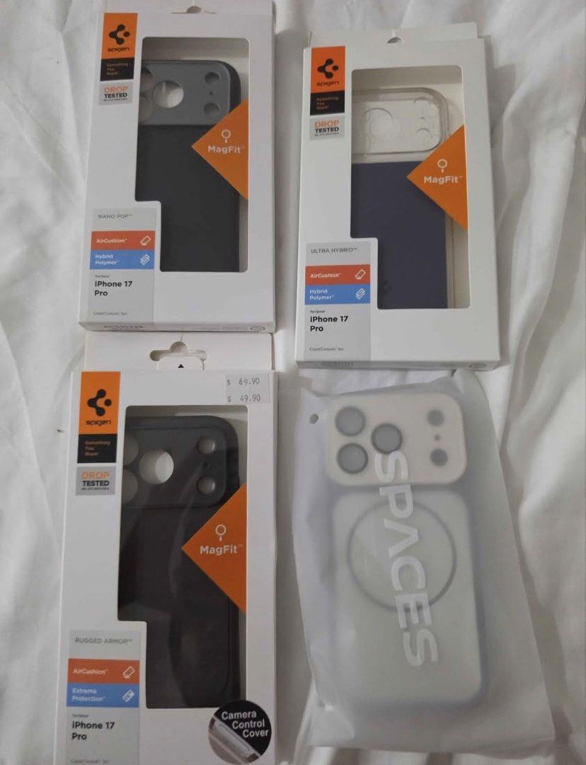 Spigen Cases for IP17 Pro (Category: Cases & Sleeves) located in Quezon City. Submitted by alonzojason (Listing ID 1470091221, Image 1). Description: Selling Spigen cases for IP17 Pro (Not max) Ultra Hybrid (slight yellowing) Rugged Armor Nano Pop Free Supcase Negotiable RFS: Decluttering Loc: Fairview.