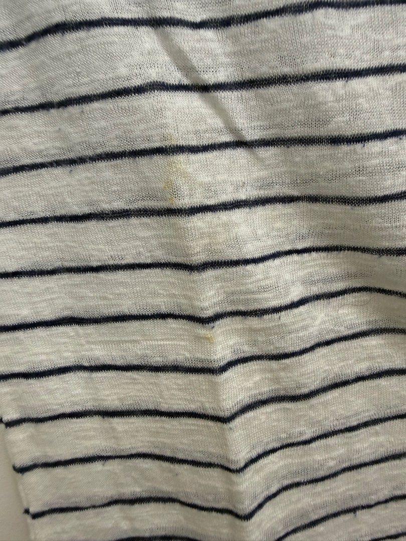 Springfield Striped Lace Sleeve Tee (Category: Shirts) located in Quezon City. Submitted by reivia.vend (Listing ID 1469987449, Image 2). Description: - Brand: Springfield - Color: White and navy stripes - Material: Lightweight knit fabric - Fit: Regular - Design: Short sleeves with delicate lace shoulder panels, round neckline, and curved hemline - Condition: Flawed with a couple of small yellowish stains on the front lower area, otherwise plent