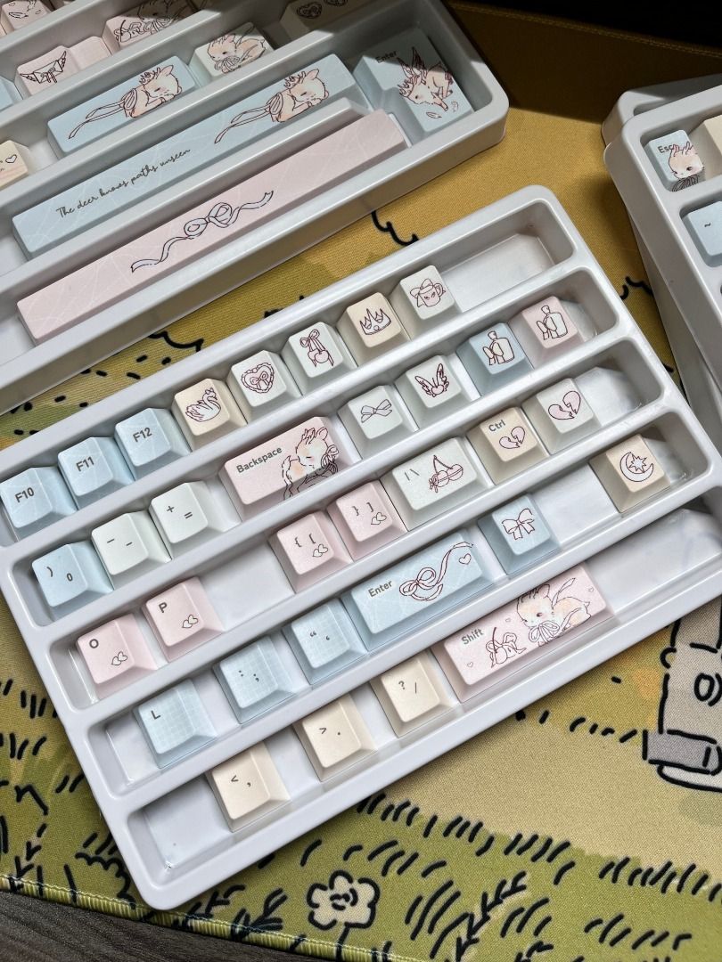 Stardust Deer Keycaps (Category: Computer Keyboard) located in Bulacan. Submitted by lexareads (Listing ID 1469949320, Image 3). Description: - 100+ pieces, compatible with any keyboard layout - deer themed pastel keycaps set - has a nice texture, and subtle glittery finish - with free keycap puller - mounted once to test and then stored back in it's box. - yellow, blue, white, pink colorway rfs: cute but too colorful for me. .
