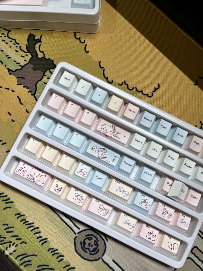 Stardust Deer Keycaps (Category: Computer Keyboard) located in Bulacan. Submitted by lexareads (Listing ID 1469949320, Image 2). Description: - 100+ pieces, compatible with any keyboard layout - deer themed pastel keycaps set - has a nice texture, and subtle glittery finish - with free keycap puller - mounted once to test and then stored back in it's box. - yellow, blue, white, pink colorway rfs: cute but too colorful for me. .