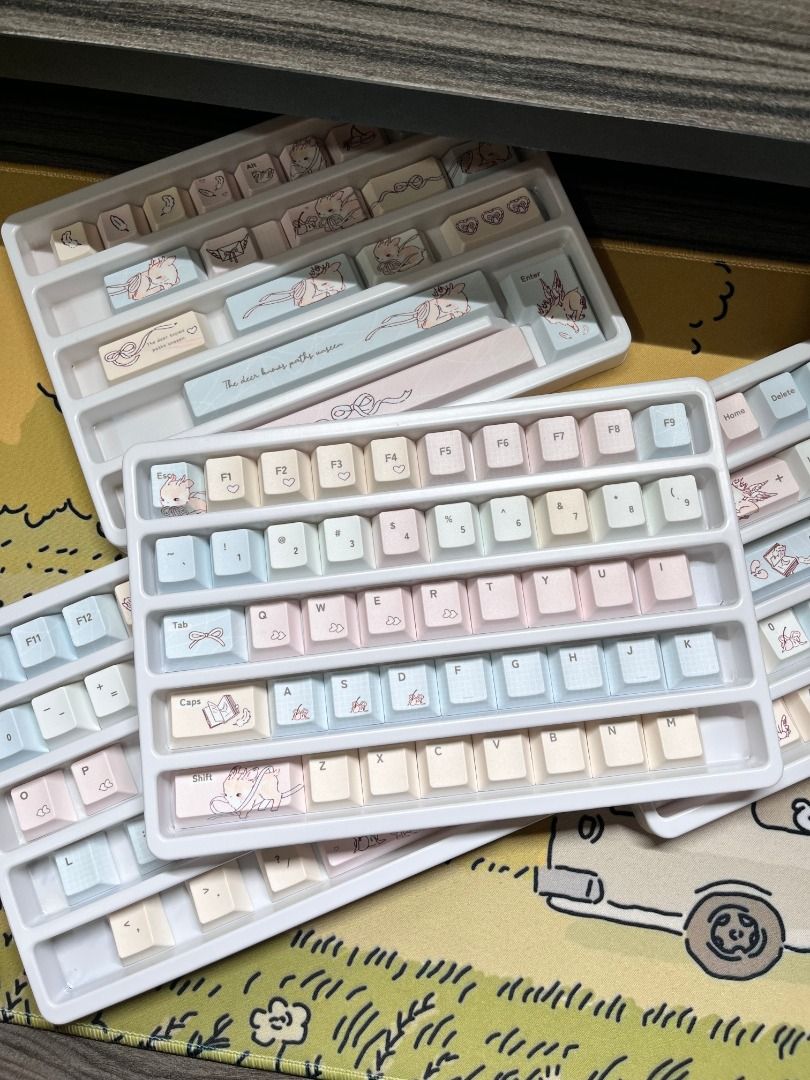 Stardust Deer Keycaps (Category: Computer Keyboard) located in Bulacan. Submitted by lexareads (Listing ID 1469949320, Image 1). Description: - 100+ pieces, compatible with any keyboard layout - deer themed pastel keycaps set - has a nice texture, and subtle glittery finish - with free keycap puller - mounted once to test and then stored back in it's box. - yellow, blue, white, pink colorway rfs: cute but too colorful for me. .