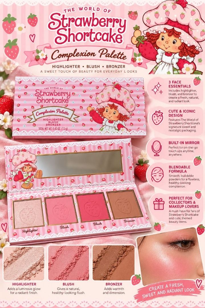Straberry Shortcake Complexion Palatte (Category: Makeup) located in Makati City. Submitted by bigheartsclothingcom720 (Listing ID 1470083433, Image 1). Description: **Strawberry Shortcake Complexion Palette** 💕 Sweeten your beauty routine with this adorable palette! 🌸✨ Includes highlighter, 2 blush shades, and bronzer, plus a built-in mirror. Perfect for a fresh, rosy glow! 🎀 💗 **Price: ₱750** .