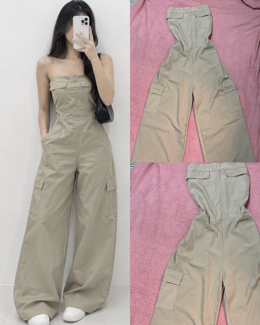 Strapless Cargo Jumpsuit Khaki Wide Leg (Category: Jumpsuits) located in Manila. Submitted by coolflower-e6627b (Listing ID 1470096766, Image 1). Description: - Color & Style: Khaki strapless tube top jumpsuit with a chic wide-leg cut - Details: Fitted waist, chest flap, and functional side cargo pockets - Fabric: Comfortable and easy-to-style cotton blend - Fit & Length: Full length pants - Condition: Worn once for photos, zero flaws found.