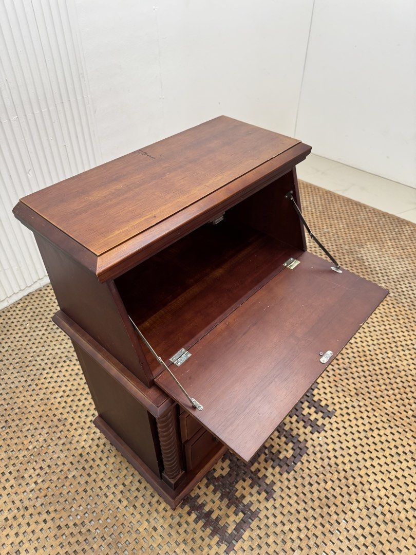 Study desk (Category: Tables & Sets) located in Quezon City. Submitted by matetdevis13 (Listing ID 1470122218, Image 3). Description: Vintage Wooden Secretary Desk with Drop-Front Writing Surface & 3 Drawers Price: 5,500 L24 x W21/14 x H34/23.5 In good condition Code MJS20-R12 The upper front folds down to create a writing/work surface, with storage space inside. The three lower drawers provide additional storage..