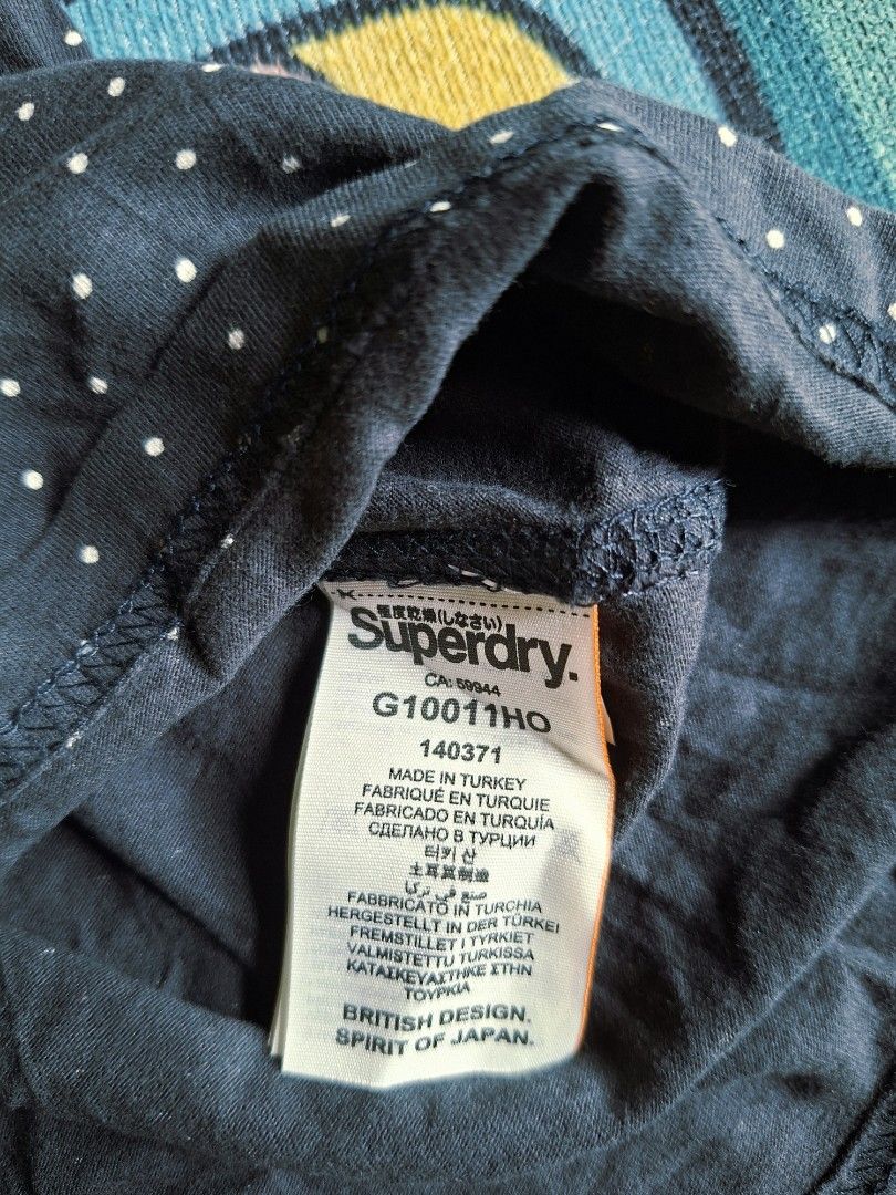 SuperDry Polka Dot Floral Graphic Tee (Category: Shirts) located in San Francisco. Submitted by manu2025 (Listing ID 1470138600, Image 3). Description: - Brand: SuperDry - Size: Medium (Regular fit) - Color: Dark grey with white polka dots - Design: Large graphic logo with pink floral pattern and Japanese text - Material: 100% Cotton - Style: Short sleeves, crew neck, casual everyday wear - Condition: Excellent / Pre-loved (ready to wear).