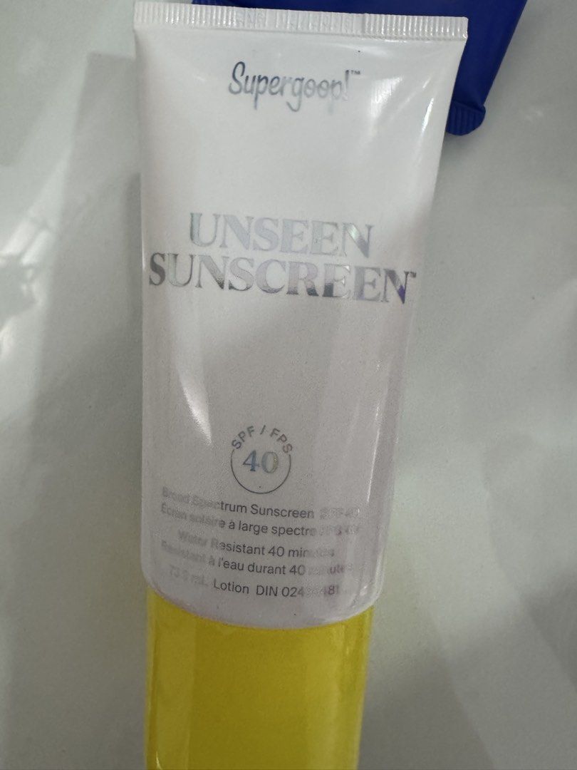 Supergoop Unseen Sunscreen SPF 40 73.9 mL (Category: Face Care) located in Manila. Submitted by decluterthings888 (Listing ID 1469961544, Image 1). Description: - Brand: Supergoop - Product: Unseen Sunscreen Broad Spectrum SPF 40 - Size: 73.9 mL tube 80-90% LEFT - Protection: Prevents sunburn and shields against UVA/UVB rays - Active Ingredients: Avobenzone, homosalate, octocrylene, and octisalate - Feature: 40 minutes water-resistant, weightless
