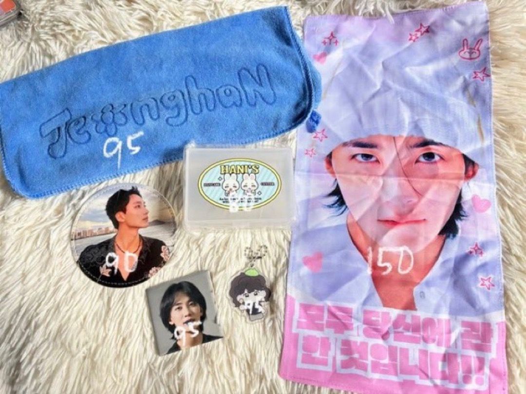 SVT Seventeen Jeonghan Items (mostly from Luckydraw) (Category: K-Wave Merchandise) located in Manila. Submitted by ladyoflight (Listing ID 1470099208, Image 1). Description: - Seventeen Jeonghan Official & Fanmade Merch Collection - Items & Prices: - Blue Embroidered Towel: ₱95 - Purple Banner Towel: ₱150 - Circular Photocard: ₱90 - Square Photocard: ₱95 - Washi Tape Rolls: ₱60 each - Acrylic Charm (Check photos/DM for price) - DM us to check in