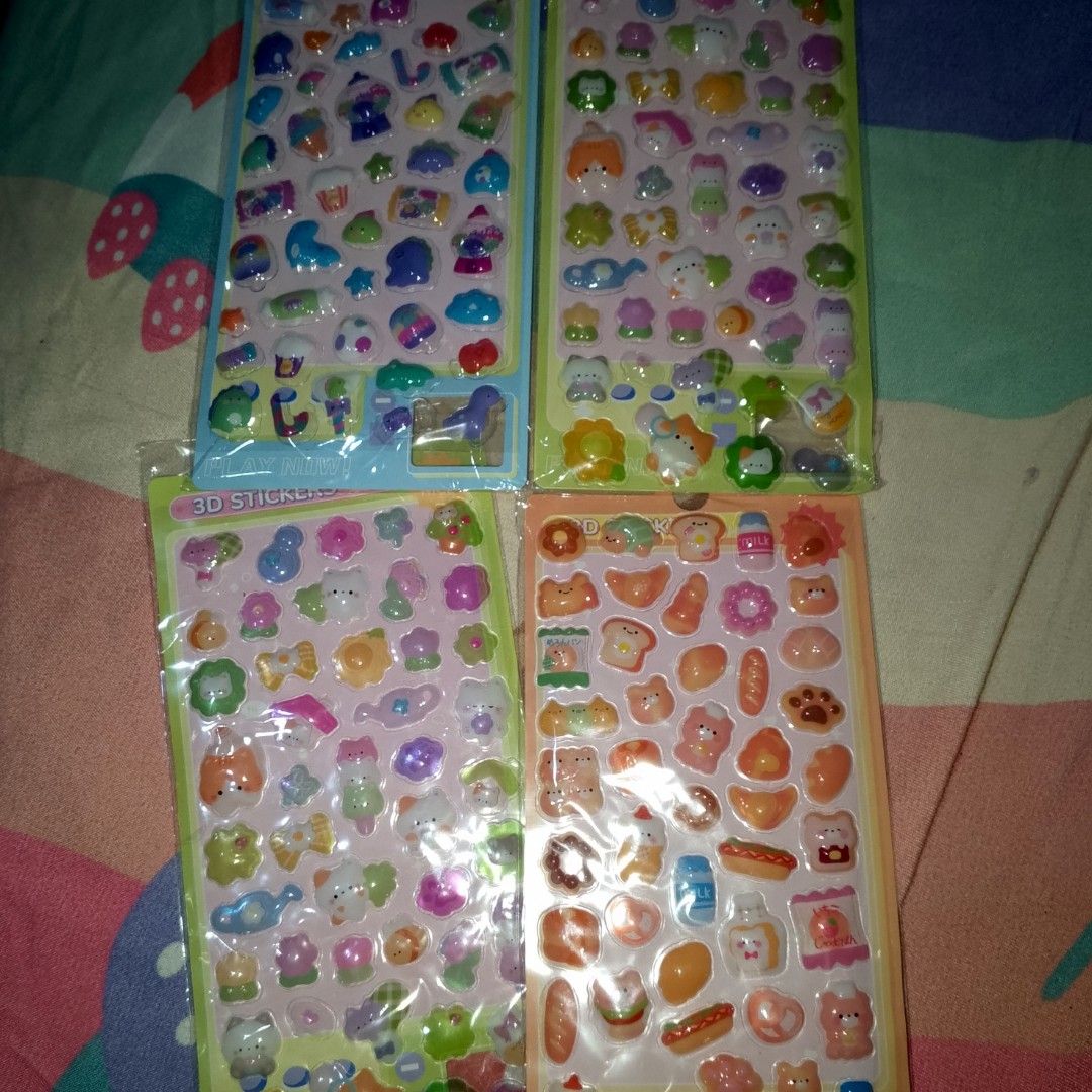 Take all Assorted Cute 3D Puffy Cartoon Stickers Sheets (Category: Art & Prints) located in Makati City. Submitted by meghantherobot (Listing ID 1470111571, Image 1). Description: - Brand new 3D puffy sticker sheets in original sealed packaging - Features popular characters like My Melody, Kuromi, Cinnamoroll, and Labubu - Includes cute animal and delicious food themes - Perfect for journaling, scrapbooking, and decorating phone cases - Multiple 