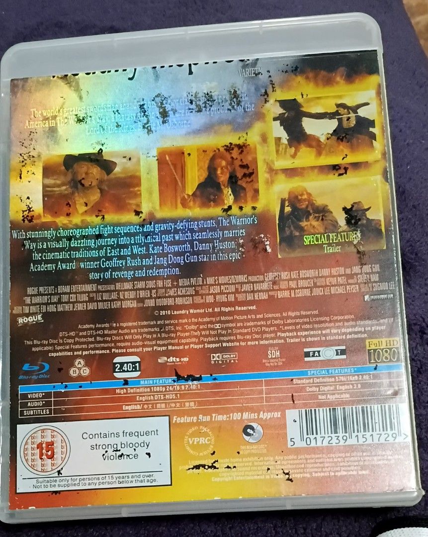 The Warrior's Way Blu-ray Movie (Category: CDs & DVDs) located in Quezon City. Submitted by dancatz (Listing ID 1469998407, Image 3). Description: □ P 100.00 - Title: The Warrior's Way - Format: Blu-ray disc (includes original case and disc) - Cast: Geoffrey Rush, Kate Bosworth, Danny Huston, Jang Dong Gun - Director: Sngmoo Lee - Producer: Team behind Lord of the Rings - Rating: 15 (Strong bloody violence) - Audio: English DTS-HD 5.1 - Runtime: 