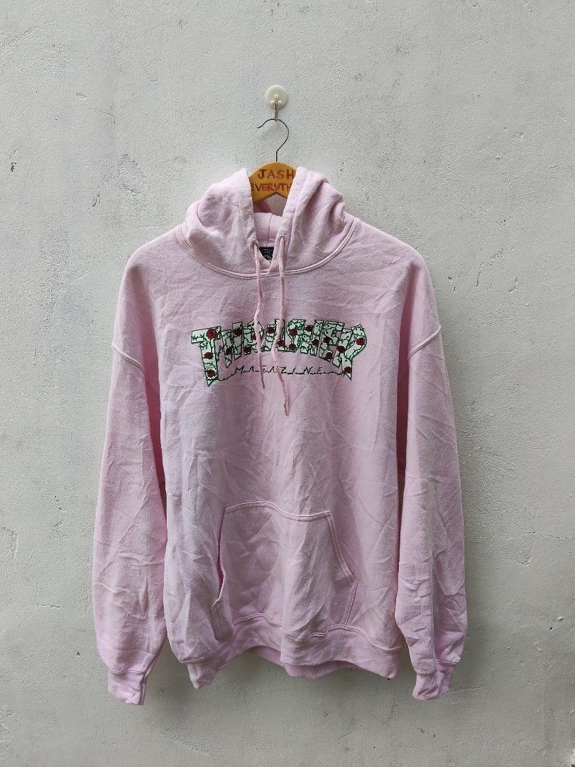 Thrasher Magazine Rose Vines Pink Hoodie Pull Over (Category: Hoodies) located in City of Isabela. Submitted by jasheverything (Listing ID 1469974155, Image 1). Description: - Brand: Thrasher Magazine - Color: Light Pink with Rose Vines chest graphic - Size: Large - Style: Classic skate hoodie with drawstring and front kangaroo pocket - Material: Soft and comfortable cotton blend - Condition: Very Good, well-maintained 1000+SF.
