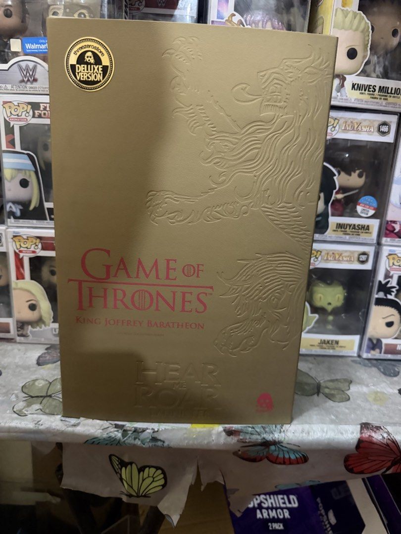 Threezero Game of Thrones King Joffrey Baratheon Deluxe Version (Category: Figurines & Statues) located in Manila. Submitted by funkospot (Listing ID 1469987778, Image 1). Description: - Brand new, unopened Threezero Game of Thrones King Joffrey Baratheon Deluxe Version - Stunning gold embossed box featuring the Lannister lion emblem and house words - Highly detailed patterned tunic and crimson sash - Includes sword, extra interchangeable hands, 