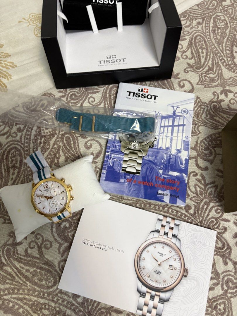 Tissot Quickster Chronograph (Category: Luxury Watches) located in Manila. Submitted by pebyw (Listing ID 1470046225, Image 2). Description: Tissot Quickster Chronograph (model T095.417.37.117.01) complete set • Case Diameter: Approximately 42 mm • Movement: Swiss quartz chronograph • Crystal: Scratch-resistant sapphire crystal • Water Resistance: Up to 100 meters (10 ATM) • Band: Interchangeable NATO textile/nylon strap Used twice signs of usage