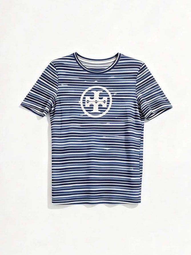 TORY BURCH (Category: Shirts) located in Davao. Submitted by sart0ria85 (Listing ID 1470107581, Image 1). Description: Blue and white striped short-sleeve ; Classic crew neck, large white T-logo graphic on the chest. Made out of the luxurious 100% PIMA COTTON. MADE IN PERU 🇵🇪 SMALL. Size 4 EXCELLENT CONDITION (95/100).