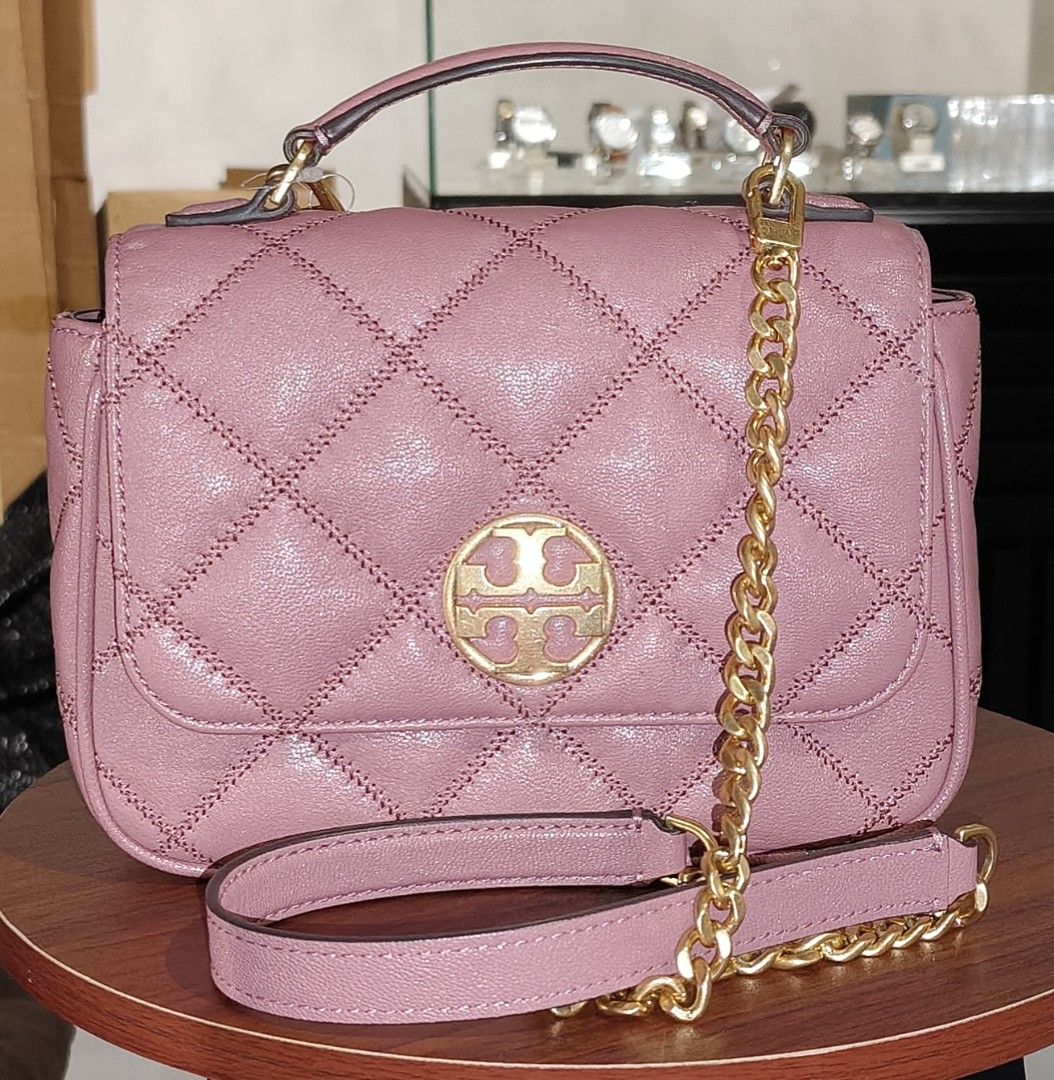 TORY BURCH AUTH. Shoulder Bag (Category: Luxury Bags & Wallets) located in Rizal. Submitted by baltiq (Listing ID 1470087429, Image 1). Description: TORY BURCH Authentic 👉carry anywhere, any occasion bag💯 ✔model: Willa mini top handle; 2way bag, can be handbag or shoulder/Xbody bag ✔color: old rose (pink magnolia) ✔luxurious soft, structured glazed quilted sheepskin leather ✔old brass - double T logo & hardwares ✔metal chain removable ✔magnetic