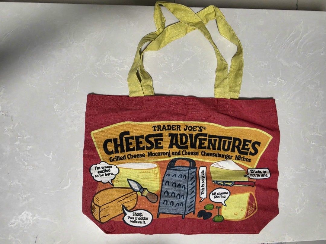 Trader Joe Cheese Experience Tote Bag Authentic (Category: Tote Bags) located in Binan City. Submitted by thelleshop (Listing ID 1470110827, Image 1). Description: ✅️ 100% Authentic from Singapore ✅️Actual pics posted ✅️Size for reference: on shoulder of 11yo ✅️Sf c/o buyer ✅️ sh pee check out available ❌️Strictly no returns once shipped.