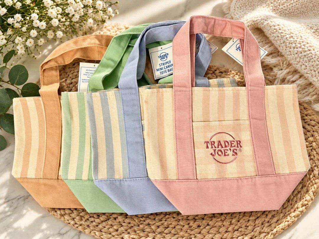 Trader Joe's Striped Mini Canvas Tote Bag (Category: Tote Bags) located in Manila. Submitted by tonettesells (Listing ID 1469949746, Image 1). Description: - 100% Authentic Trader Joe's Mini Canvas Tote Bag - Available pastel striped colors: Orange, Green, Blue, and Pink - Made with heavy-duty canvas material and sturdy handles - Features a convenient front pocket with embroidered logo - Brand new with tags (BNWT) attached.