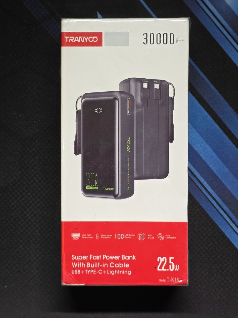 Tranyoo 30,000mah Powerbank (Category: Batteries & Power Banks) located in San Juan City. Submitted by jushjush (Listing ID 1470050577, Image 1). Description: brand new 30,000mah powerbank Tranyoo brand 22.5w output: built-in usbc and lightning cable input: usbc, usb.