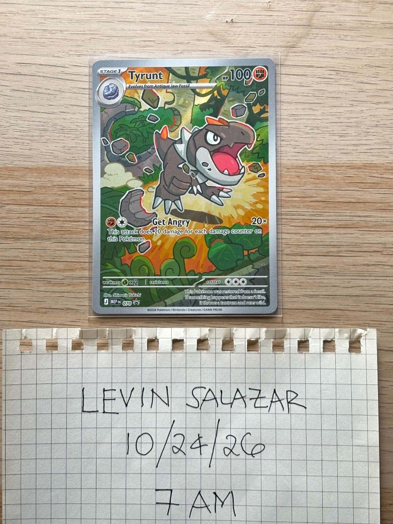 Tyrunt 070 (Category: Raw Singles) located in Guiguinto. Submitted by Levinthings (Listing ID 1469953427, Image 1). Description: For SALE: Pokemon TCG Tyrunt MEP 070 Perfect Order Elite Trainer Box promo *FREE: -Sleeve -Toploader > Price: 900 > Condition: Near Mint > Location: Guiguinto, Bulacan > Payment: Gcash/Maya/Bank transfer > Deliver: JnT/Lalamove, etc. (shouldered by buyer) * Cross-posted in other platform.