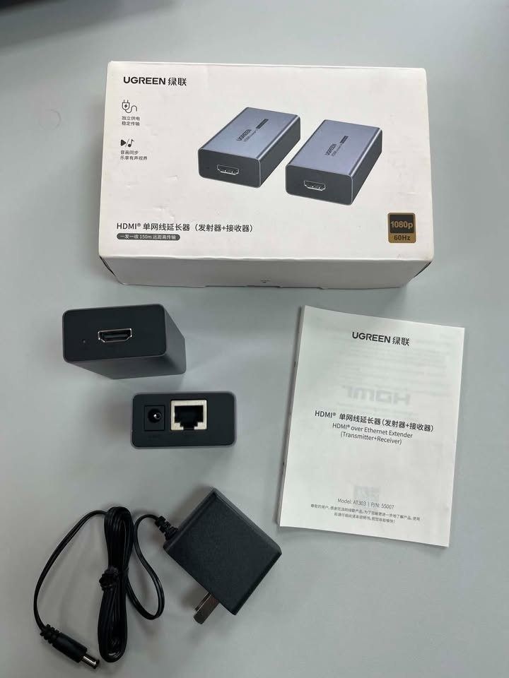 Ugreen HDMI Over Ethernet Extender Transmitter Receiver (Category: Cables & Adaptors) located in Paranaque City. Submitted by digitalconcept.corp (Listing ID 1469966081, Image 2). Description: - Brand: Ugreen HDMI over Ethernet Extender Set (Model AE303) - Resolution: Supports up to 1080p @ 60Hz - Transmission: Extends HDMI signals easily over a single network cable - Inclusions: Transmitter, receiver, power adapter, and user manual - Packaging: 