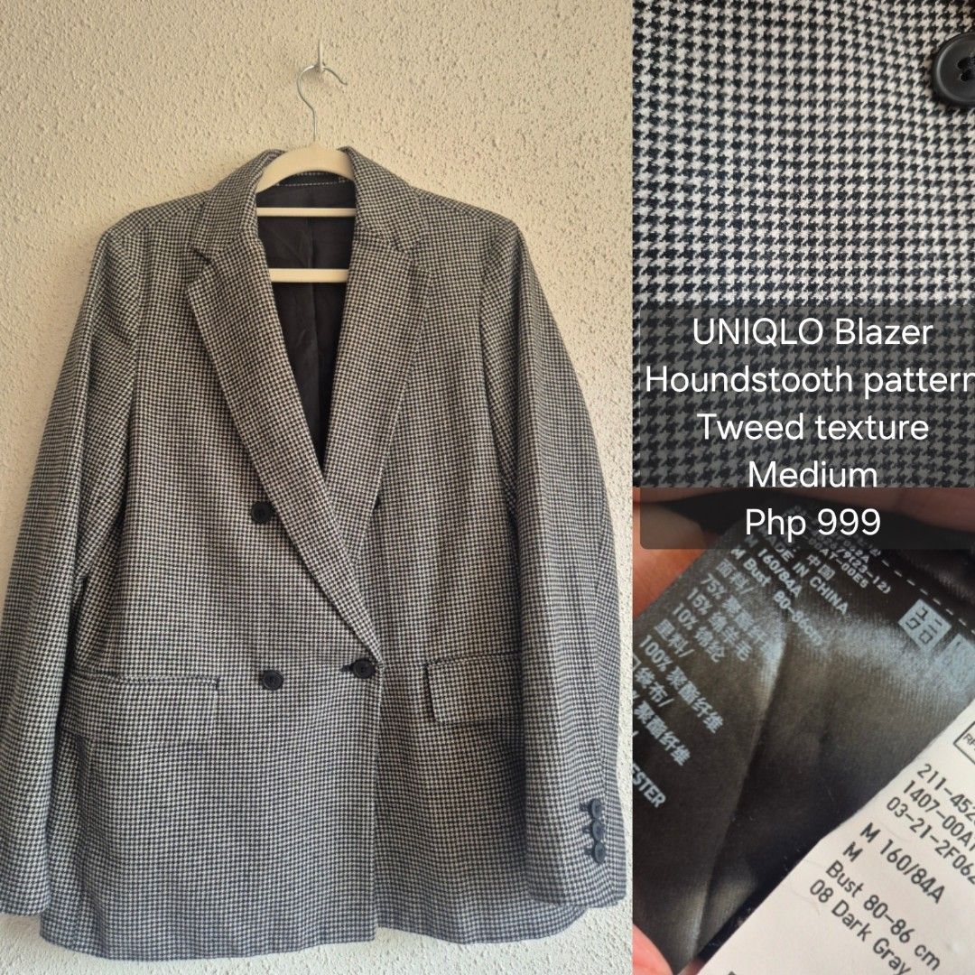 UNIQLO Ladies Houndstooth Tweed Blazer Medium (Category: Coats, Jackets and Outerwear) located in Manila. Submitted by belovedbyjess (Listing ID 1469956982, Image 1). Description: No when worn. Measurements in inches (laid flat then x2 to get exact measurement. Example: Laid flat waistline is 14, then x2 it is 28) Bust: Up to 38 closed, can fit bigger bust when left open Shoulder: 15 Armhole: 14 Length: 25.5 .