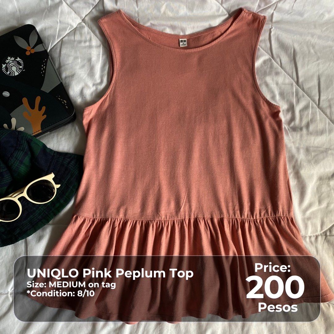 UNIQLO Pink Peplum Top Medium (Category: Sleeveless) located in Pasig City. Submitted by thatgirlsamlara (Listing ID 1469964344, Image 1). Description: 🙋‍♀️Model Reference: I’m 5’2 and Small by body frame (25.5in Waistline). Actual photo posted. ‼️ Check photo for specific size, dimensions and price details. condition and issues if there are, are also declared. ‼️LAST PRICE POSTED 👉🏼 My items are in excellent condition unless otherwise stated 