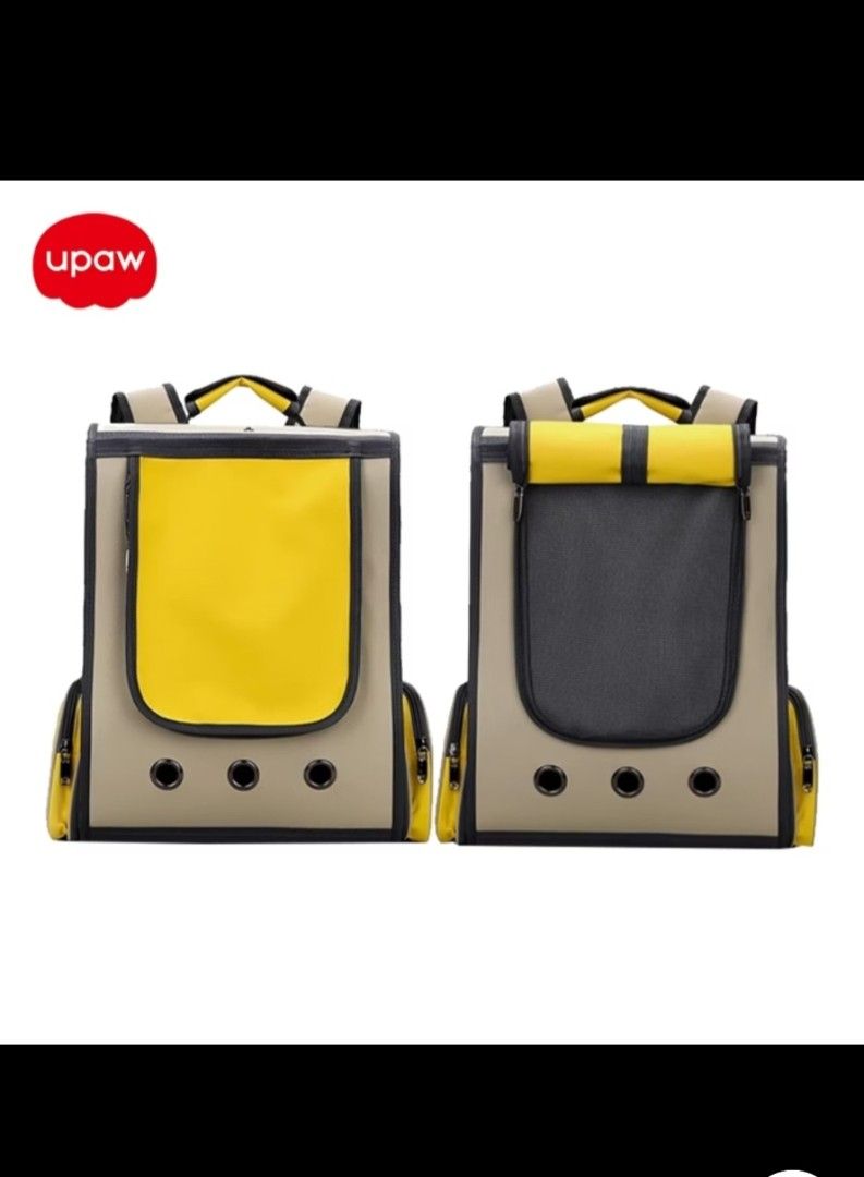 Upaw Pet Carrier Backpack Yellow XL (Category: Backpacks) located in Mandaluyong City. Submitted by cheshireshoppe (Listing ID 1470100942, Image 1). Description: More photos available upon request - Brand/Model: Upaw Pet Carrier Backpack XL - Colorway: Stylish khaki with bright yellow accents - Dual-Purpose Front: Solid yellow privacy panel that rolls up to reveal a breathable mesh window - Ventilation: 3 metal grommets near the base for steady a