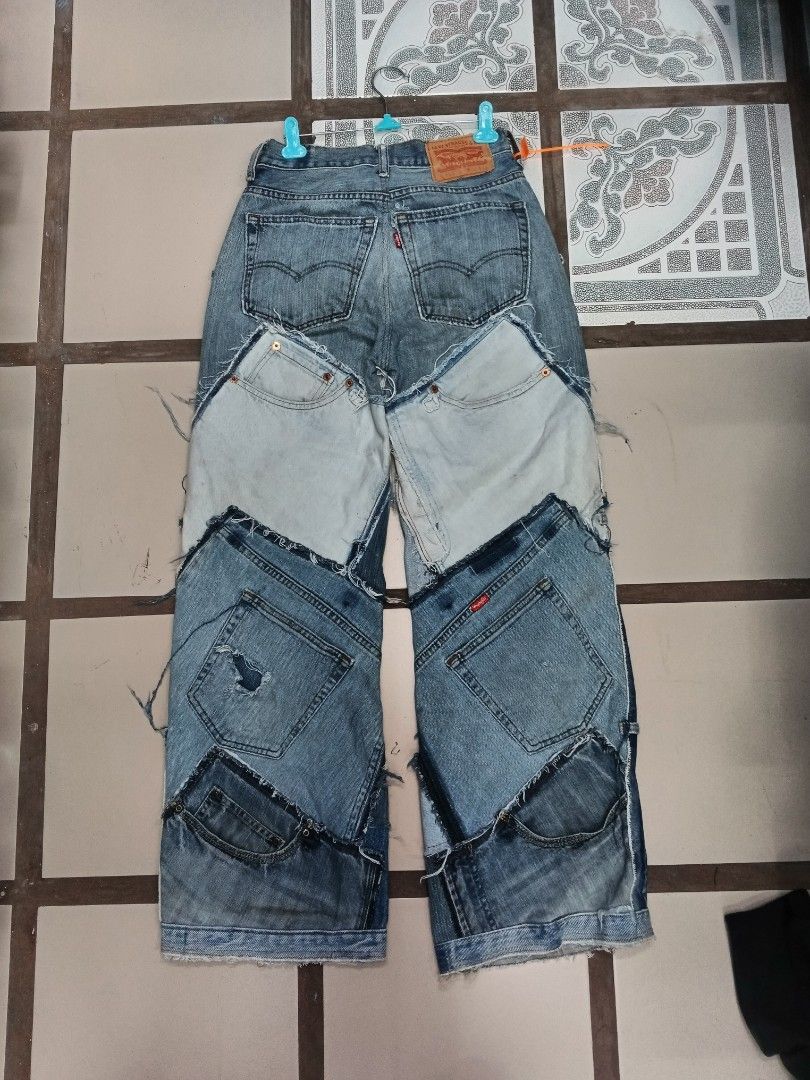 upcycled and reworked Levi's patchwork denim jeans (Category: Jeans) located in Daraga. Submitted by trippythrifter (Listing ID 1469959018, Image 2). Description: 28 waist 41.5 length need wash.