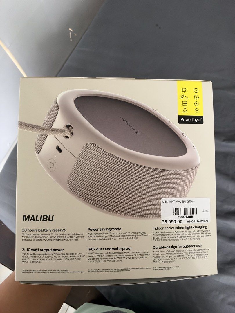 Urbanista Malibu Solar Charging Speaker (Category: Soundbars, Speakers & Amplifiers) located in Cavite. Submitted by giorgionobasilio (Listing ID 1469975963, Image 2). Description: - Model: Urbanista Malibu Solar Charging Speaker - Color: Stylish Gray - Power: Powered by indoor and outdoor light via built-in solar charging - Battery: Up to 20 hours of battery reserve - Sound: Powerful 2x10 watt output - Durability: IP67 dust and water resistant f