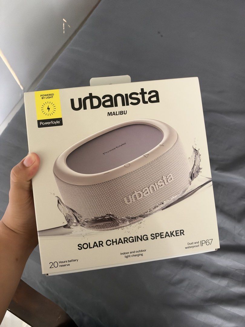 Urbanista Malibu Solar Charging Speaker (Category: Soundbars, Speakers & Amplifiers) located in Cavite. Submitted by giorgionobasilio (Listing ID 1469975963, Image 1). Description: - Model: Urbanista Malibu Solar Charging Speaker - Color: Stylish Gray - Power: Powered by indoor and outdoor light via built-in solar charging - Battery: Up to 20 hours of battery reserve - Sound: Powerful 2x10 watt output - Durability: IP67 dust and water resistant f