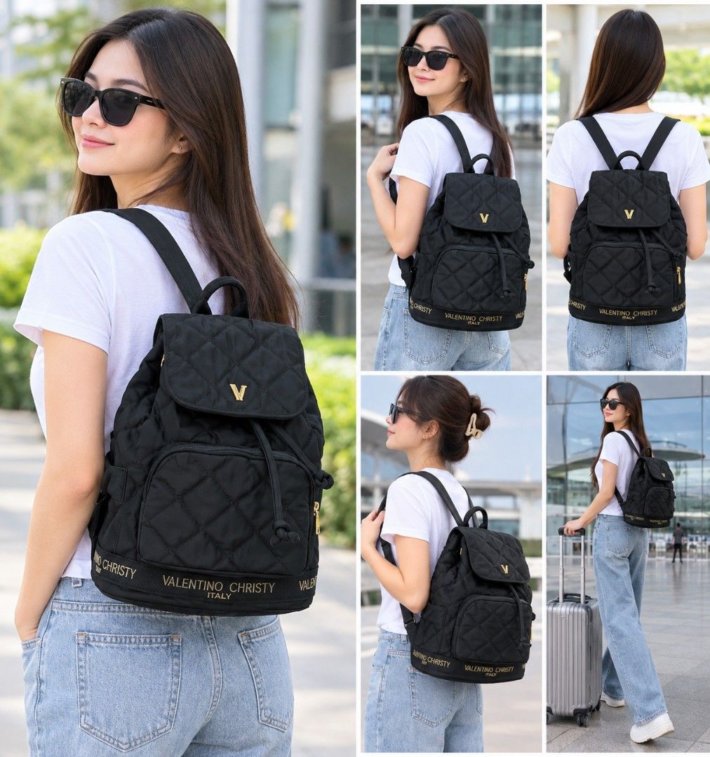 Valentino Christy Quilted Black Nylon Backpack (Category: Backpacks) located in Digos. Submitted by jenepiisid83759 (Listing ID 1470056361, Image 1). Description: - Brand: Valentino Christy - Material: Durable black nylon with a chic quilted pattern - Hardware: Elegant gold-tone accents - Closure: Drawstring with a secure magnetic flap top - Pockets: Front zippered pocket and an internal slip pocket - Interior: Vibrant red fabric lining - Straps: