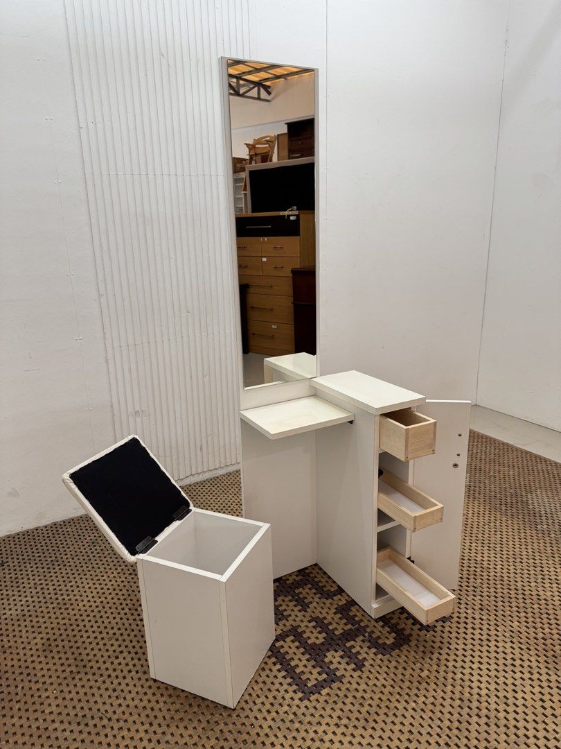 Vanity Dresser (Category: Tables & Sets) located in Quezon City. Submitted by matetdevis13 (Listing ID 1470119812, Image 3). Description: Compact Vanity Dresser with Chair Set Price: 5,900 L17.5 x W14.5 x H63/28 In good condition Code MJS18-R38.