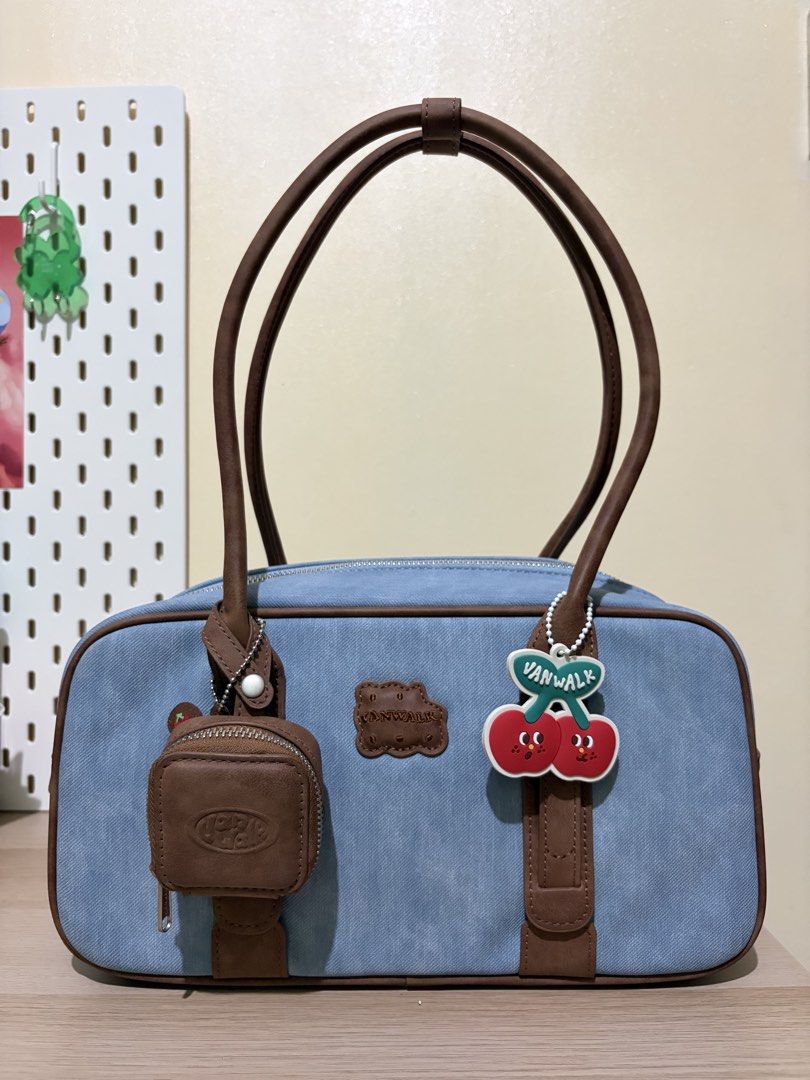 Vanwalk Pizza Series Shoulder Bag (Blue) (Category: Shoulder Bags) located in Rizal. Submitted by jeetkeun (Listing ID 1470038786, Image 1). Description: - Authentic Vanwalk blue fabric handbag - Includes 2 cute charms: cherry character, pizza, and mini brown pouch pm for more details.