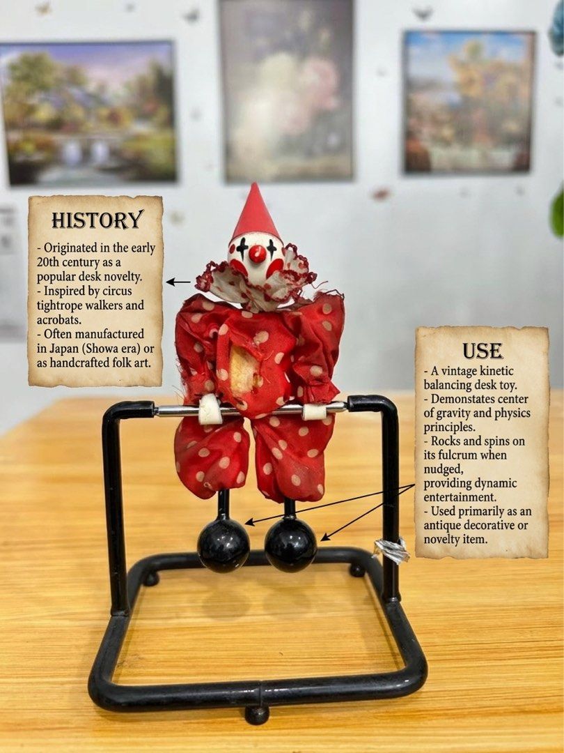 Vintage balancing acrobat clown doll (14cm (Category: Vintage Collectibles) located in Bustos. Submitted by gthings.collectibles (Listing ID 1470054927, Image 1). Description: Get nyo na ,may issue nga lang gumagalaw magisa ! ! 🤡just kidding. Yours at ₱280 only !! Vintage balancing acrobat clown doll (14cm)! 🤡✨ Ang mga ganitong klaseng balancing gravity toys ay sumikat noong mid-20th century bilang mga sikat na pang-display sa mga tabletop o is
