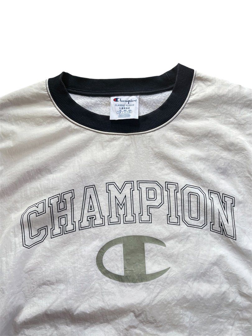 Vintage Champion Crew neck (Category: Hoodies) located in Davao. Submitted by fastbear-aad4 (Listing ID 1470109830, Image 2). Description: CHAMPION SPELL OUT CREW NECK Nylon/Cotton material Mid Heavy/thick Size: L on tag Dimes: 24x28 Color rate: 9/10 Condition: Excellent! Issue: None 📩📩📩.