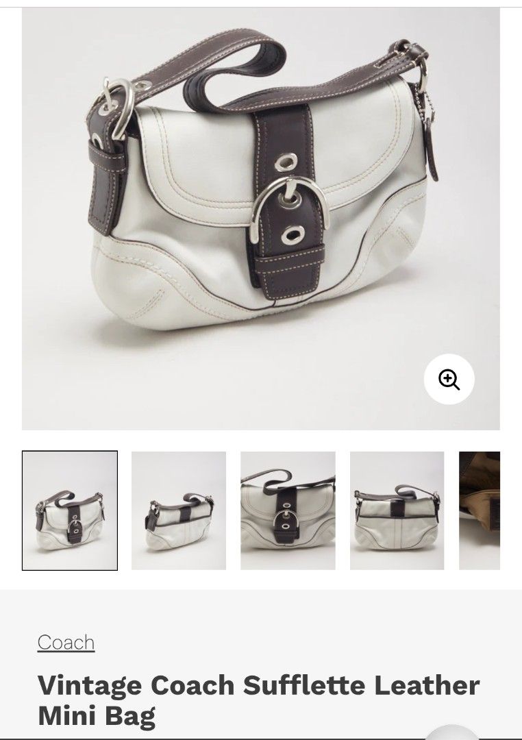 VINTAGE COACH SOHO SHOULDER BAG (Category: Shoulder Bags) located in Kabacan. Submitted by thriftedsupremacy11 (Listing ID 1469970647, Image 3). Description: Vintage Coach Soho Leather Flap Buckle Shoulder Bag (Model F10910), featuring a white leather body, a brown vertical center strap with a silver-tone buckle closure, and a dark brown shoulder strap. issue *leather stains*.