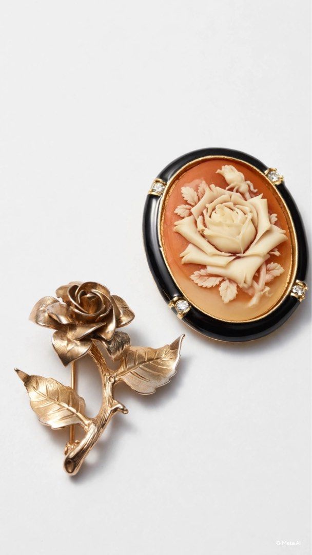 Vintage floral jewelry (Category: Brooches) located in Pasig City. Submitted by smartshopping.ph (Listing ID 1470016087, Image 1). Description: Beautiful collection showcases two distinct, masterfully crafted examples of vintage floral jewelry: • High-Relief Resin Rose Cameo pendant / scarf clip (Top Right): An elegant, Victorian-revival cameo featuring a meticulously detailed, three-dimensional ivory-toned resin rose blossom and bud. The central