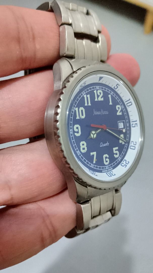Vintage Neiman Marcus Swiss Titanium Watch (Category: Men's Watches) located in Malolos. Submitted by chrono_revival (Listing ID 1470050857, Image 3). Description: PLEASE READ THE FULL POST BEFORE SENDING ANY INQUIRIES. SERIOUS OFFERS ONLY PLEASE. ********** Authentic Neiman Marcus Model-002 - Men’s Swiss Quartz Watch - Titanium-made, light-weight and durable - Blue and White dial - Rotating inner bezel - Case size: approx. 40mm - Lug size: appro