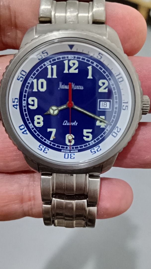 Vintage Neiman Marcus Swiss Titanium Watch (Category: Men's Watches) located in Malolos. Submitted by chrono_revival (Listing ID 1470050857, Image 1). Description: PLEASE READ THE FULL POST BEFORE SENDING ANY INQUIRIES. SERIOUS OFFERS ONLY PLEASE. ********** Authentic Neiman Marcus Model-002 - Men’s Swiss Quartz Watch - Titanium-made, light-weight and durable - Blue and White dial - Rotating inner bezel - Case size: approx. 40mm - Lug size: appro