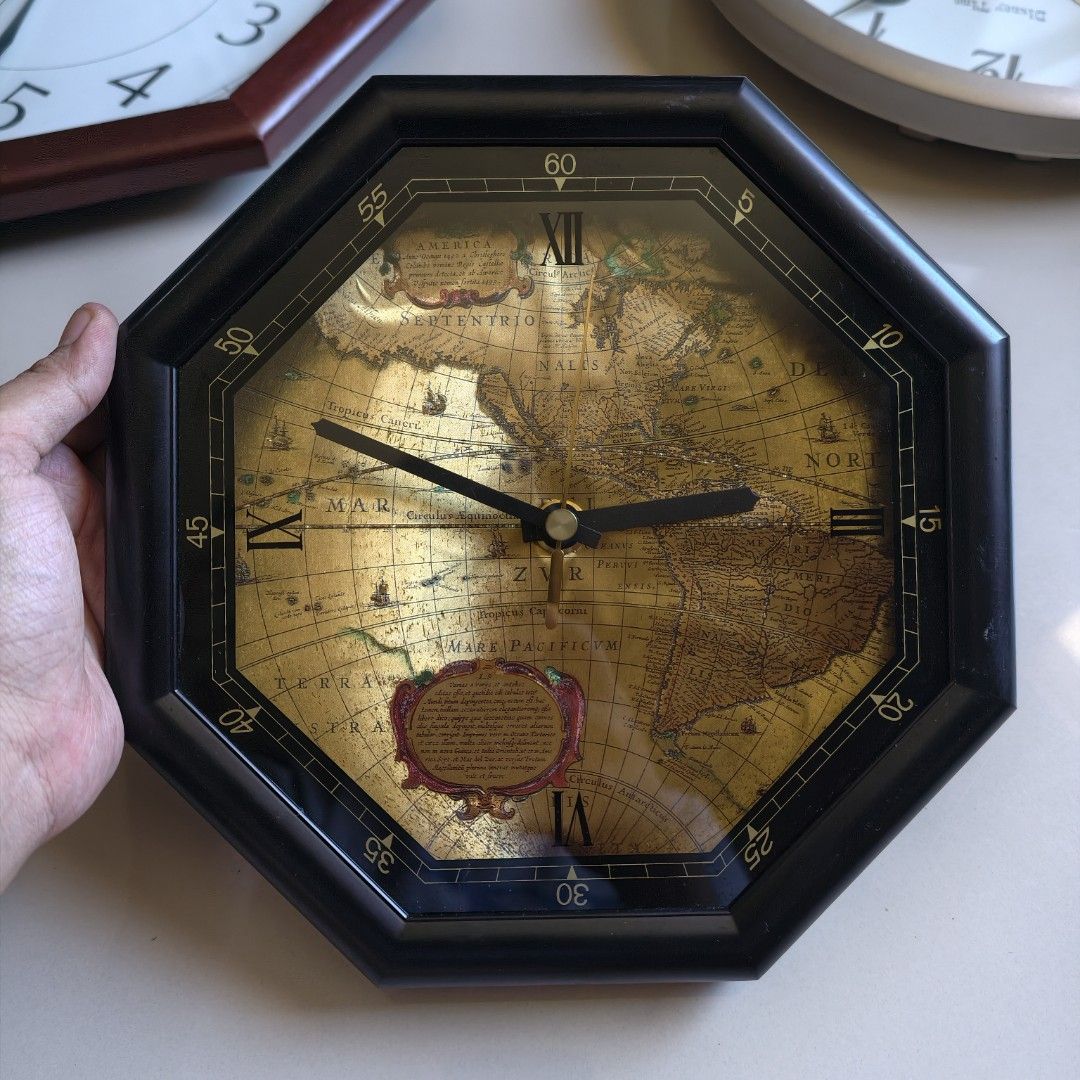 Vintage Octagonal World Wall Clock (Category: Clocks) located in Antipolo. Submitted by millennialthrifter (Listing ID 1470031078, Image 1). Description: 🔥VINTAGE OCTAGONAL WALL CLOCK - 600 ✅Tochigi Tokei Japan ✅Elegant style ✅featurs an antique-style world map face in a black frame Napaka aesthetic. 🤩.