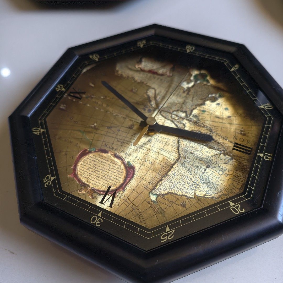 Vintage Octagonal World Wall Clock (Category: Clocks) located in Antipolo. Submitted by millennialthrifter (Listing ID 1470031078, Image 2). Description: 🔥VINTAGE OCTAGONAL WALL CLOCK - 600 ✅Tochigi Tokei Japan ✅Elegant style ✅featurs an antique-style world map face in a black frame Napaka aesthetic. 🤩.