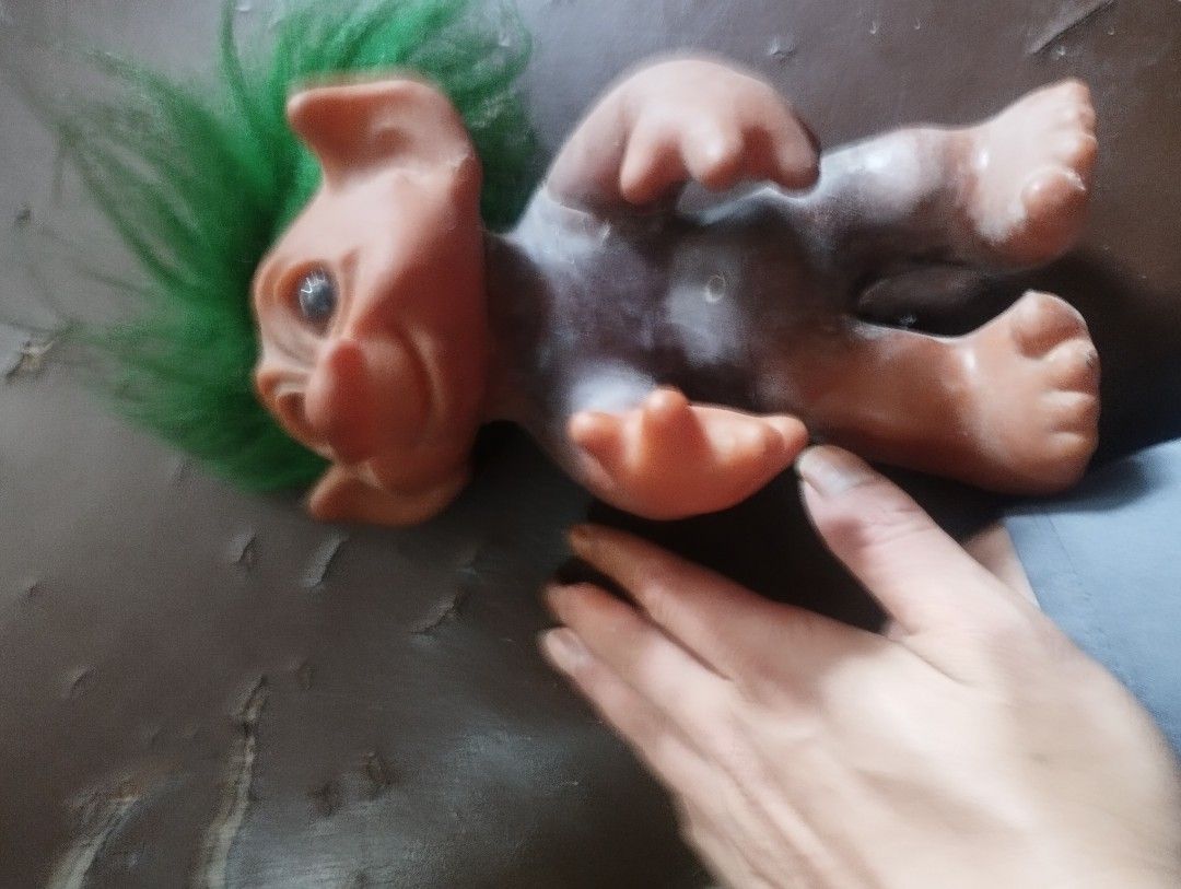 Vintage Thomas dam troll 1970s era (Category: Plushies & Soft Toys) located in Mandaluyong City. Submitted by LEATHERFACE (Listing ID 1469972946, Image 2). Description: - Authentic vintage 1977 Thomas Dam troll doll, stamped Made in Denmark - Striking, full, and bright green hair - Classic peach skin tone with big ears and a friendly smile - Medium size, perfect for display - Clean vinyl body, great collector's item from the original maker.