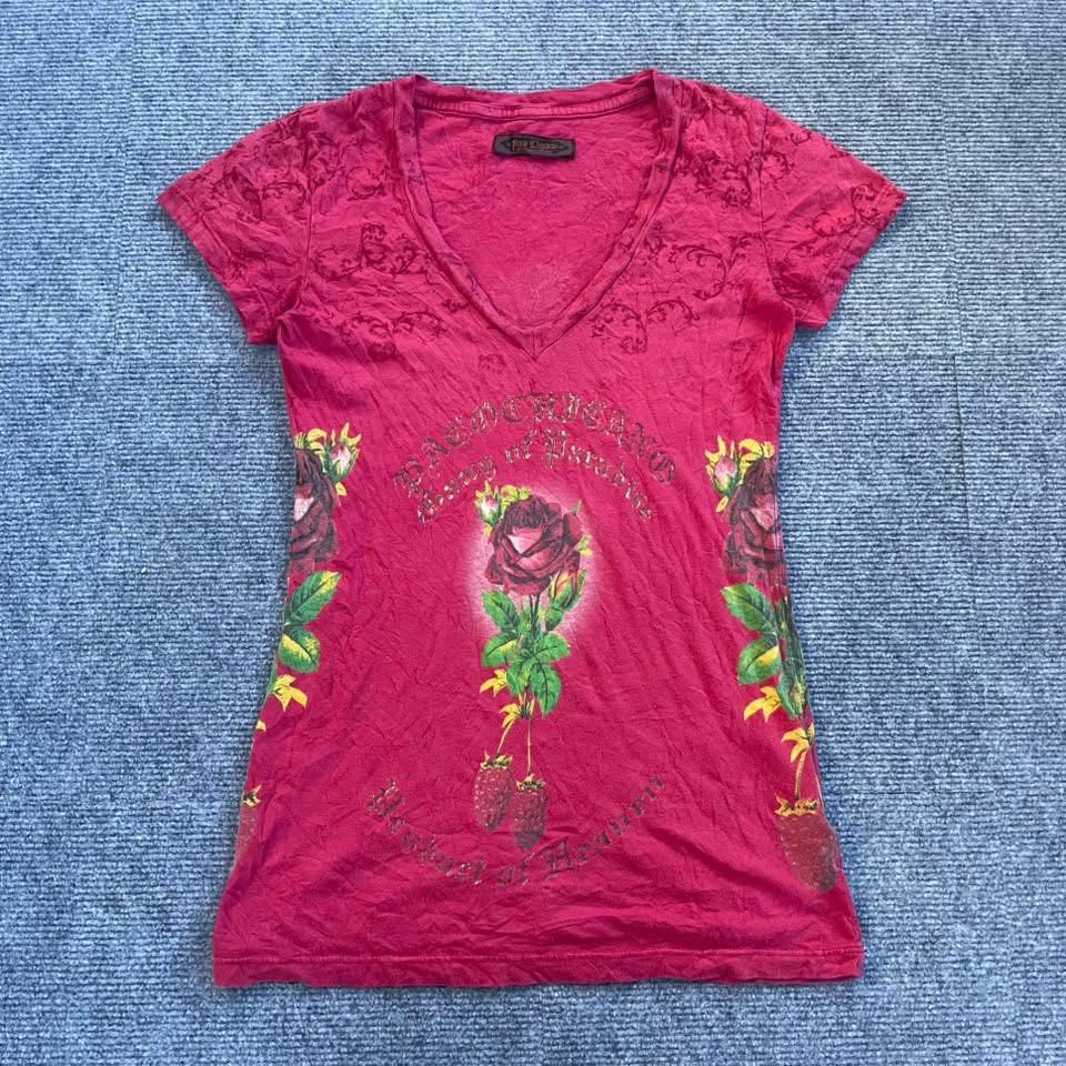 Vintage y2k christian audigier (Category: Luxury Apparel) located in Iloilo. Submitted by 3ift2heav3n (Listing ID 1469960816, Image 1). Description: vintage Y2K Christian Audigier dark red/magenta graphic V-neck/scoop-neck T-shirt featuring rose and strawberry graphics with Chicano-style lettering. Authentic Small Excellent condition No flaw's .