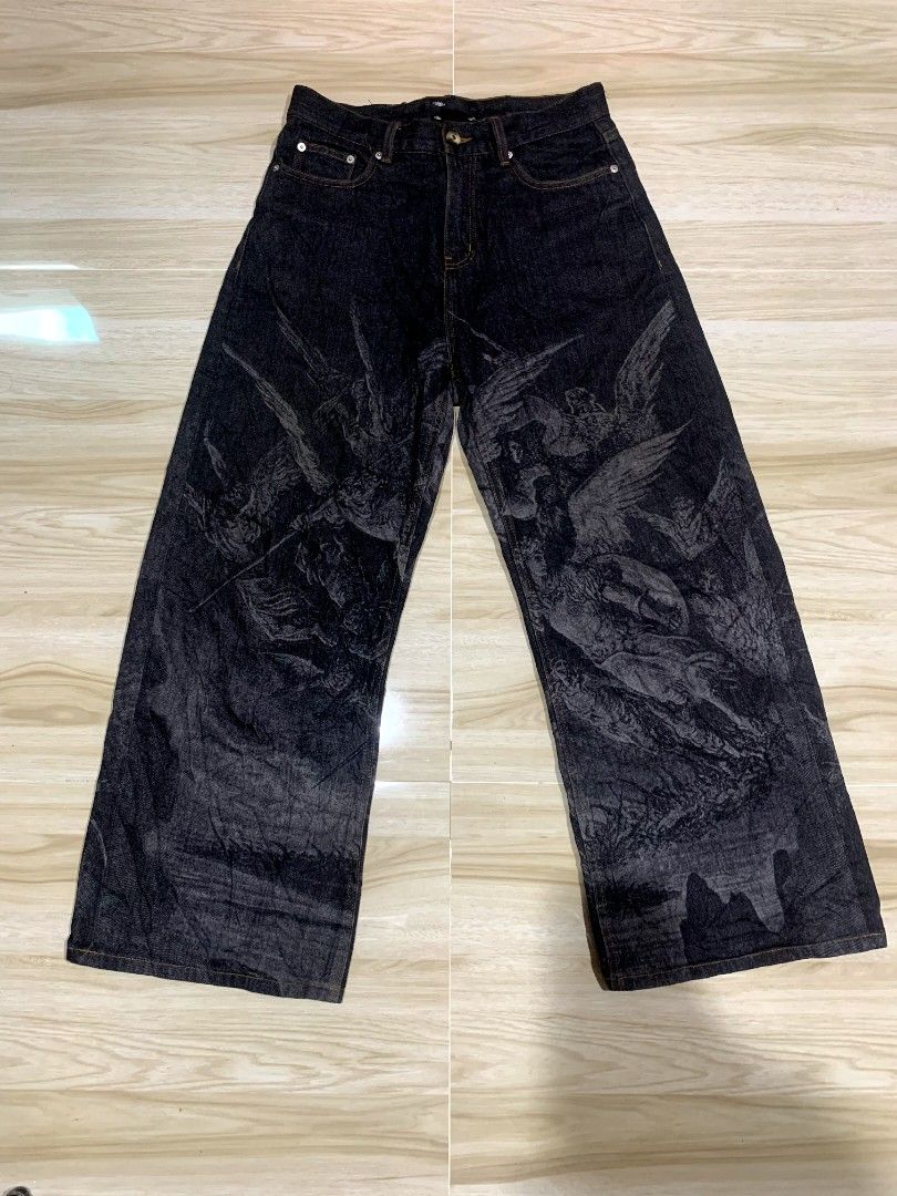 Wanna lab AOP pants (Category: Jeans) located in Manila. Submitted by thegoodstuffs__ (Listing ID 1470138877, Image 1). Description: - Color & Wash: Dark grey wash denim - Design: All-over Renaissance style angel and figure graphic print - Fit: Trendy wide leg fit - Details: Classic five-pocket styling, button fly, and belt loops - Material: Heavyweight, durable fabric - Style: Unique streetwear statement piece Size: 32width 41Length.