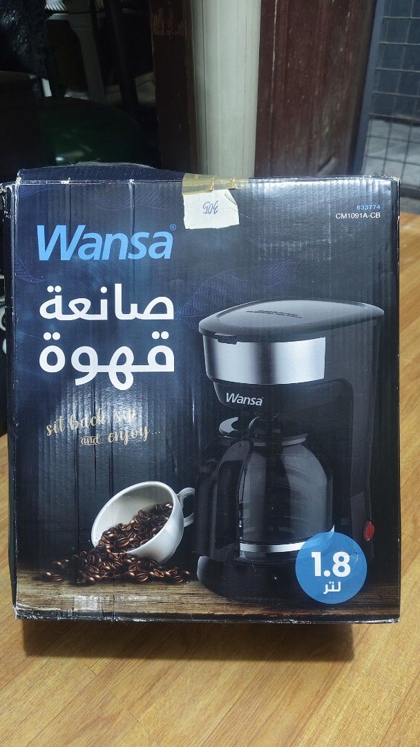 Wansa Coffee Maker CM1091A-CB 1.8L 900W (Category: Coffee Machines & Makers) located in Manila. Submitted by edssylove (Listing ID 1469952041, Image 2). Description: - Brand: Wansa - Model: CM1091A-CB - Condition: Brand new, unopened, and sealed box - Capacity: 1.8 Liters - Power: 900 Watts - Brewing Time: 6 minutes (with 30-minute warm-up feature) - Safety: Boil dry protection - Convenience: 30-second anti-drip function, one-touch brewing, and e