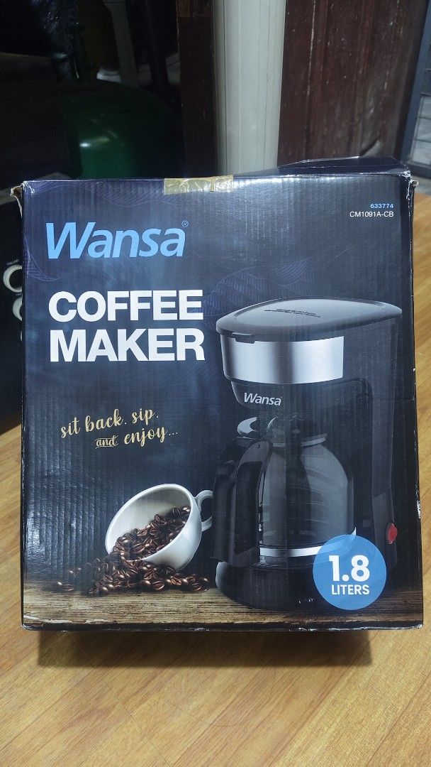 Wansa Coffee Maker CM1091A-CB 1.8L 900W (Category: Coffee Machines & Makers) located in Manila. Submitted by edssylove (Listing ID 1469952041, Image 1). Description: - Brand: Wansa - Model: CM1091A-CB - Condition: Brand new, unopened, and sealed box - Capacity: 1.8 Liters - Power: 900 Watts - Brewing Time: 6 minutes (with 30-minute warm-up feature) - Safety: Boil dry protection - Convenience: 30-second anti-drip function, one-touch brewing, and e