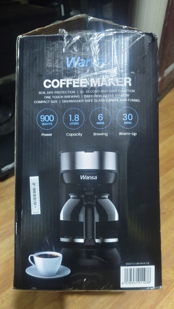 Wansa Coffee Maker CM1091A-CB 1.8L 900W (Category: Coffee Machines & Makers) located in Manila. Submitted by edssylove (Listing ID 1469952041, Image 3). Description: - Brand: Wansa - Model: CM1091A-CB - Condition: Brand new, unopened, and sealed box - Capacity: 1.8 Liters - Power: 900 Watts - Brewing Time: 6 minutes (with 30-minute warm-up feature) - Safety: Boil dry protection - Convenience: 30-second anti-drip function, one-touch brewing, and e